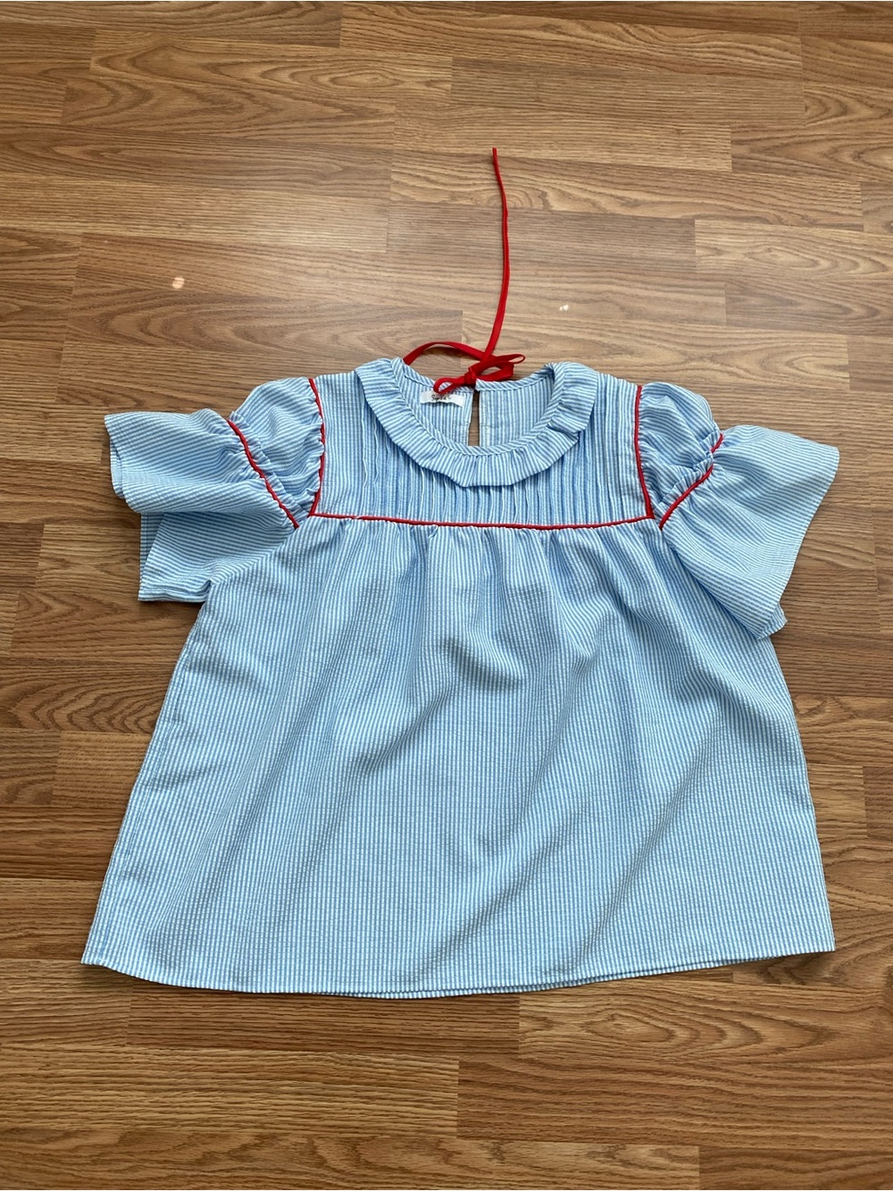 Classic Blue Striped Womens' Top with Red Trim